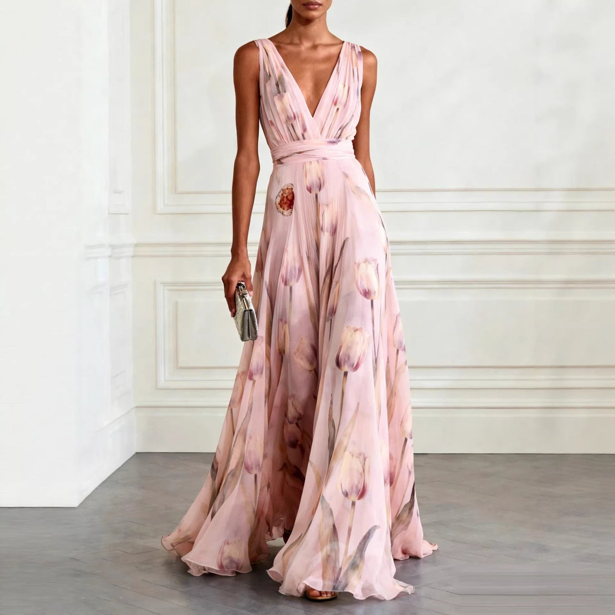 Women's Chiffon Maxi Dress – Sleeveless Tulip Print