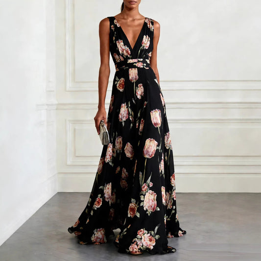 Women's Chiffon Maxi Dress – Sleeveless Tulip Print