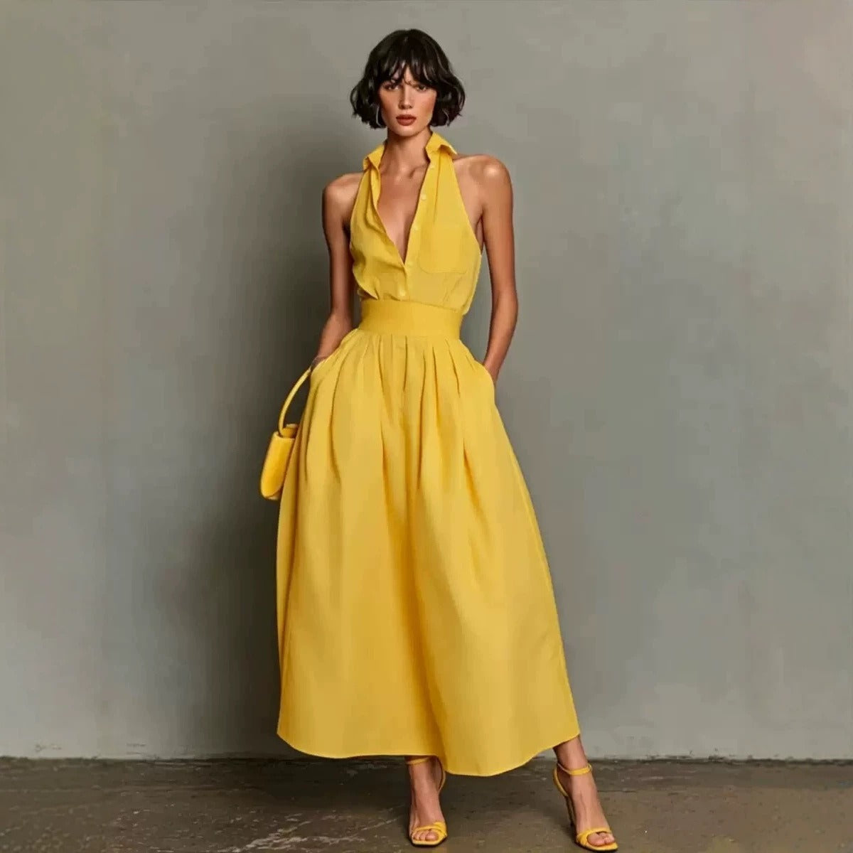 Women's Sleeveless Shirt Dress – Pleated Maxi Skirt