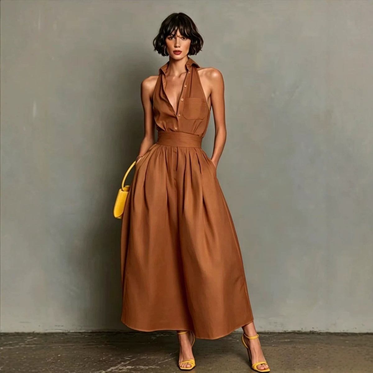 Women's Sleeveless Shirt Dress – Pleated Maxi Skirt