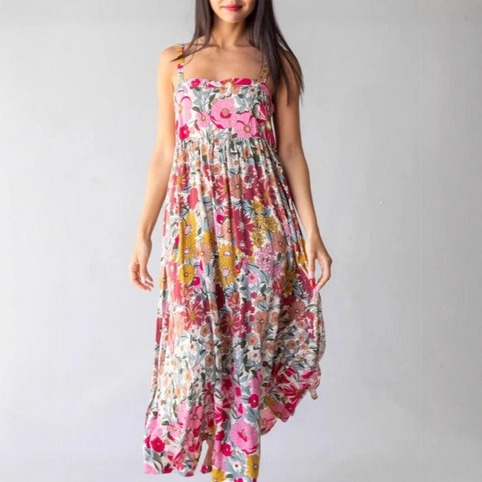 Women's Floral Maxi Dress – Side Slit Strappy Cut