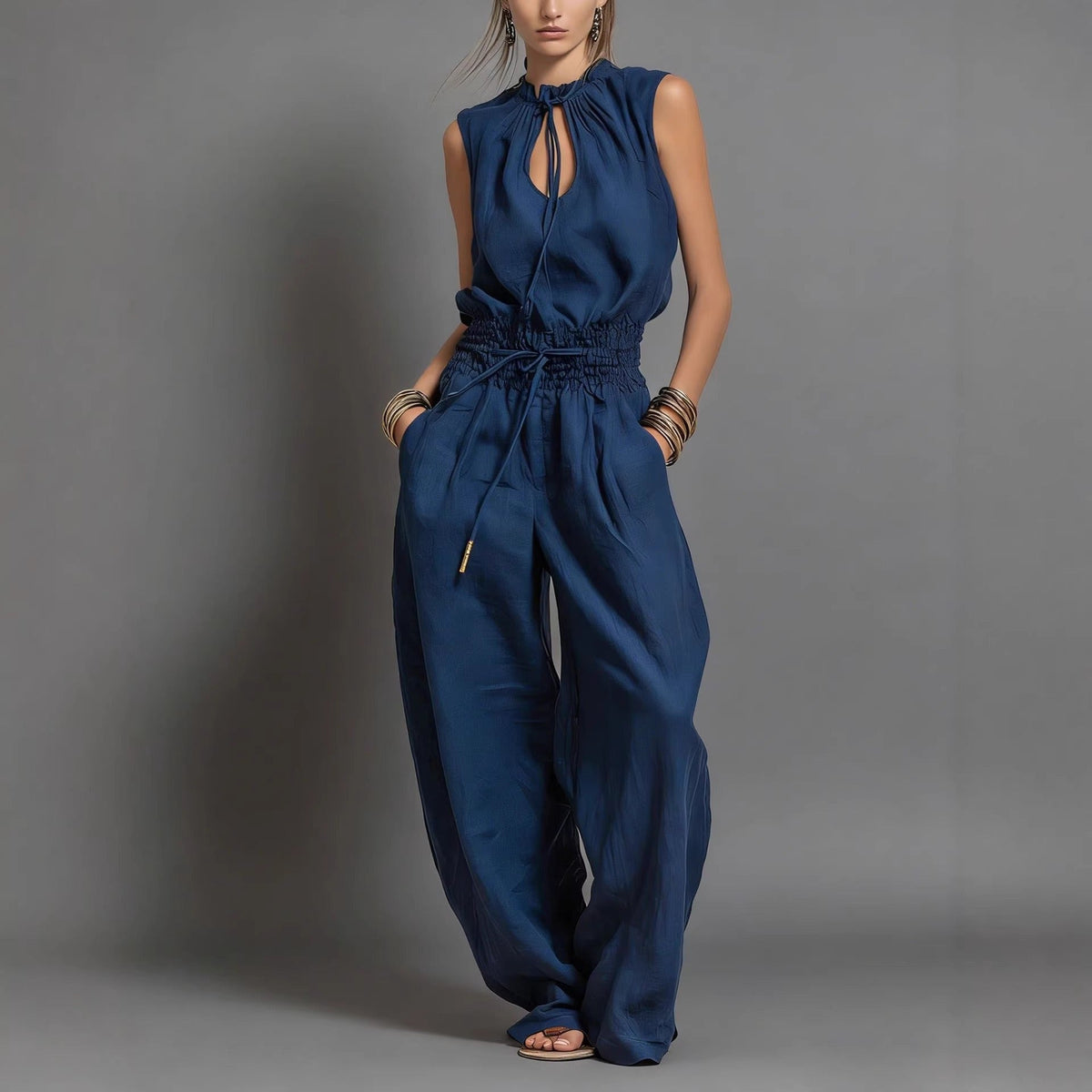 Women's Wide-Leg Jumpsuit – Sleeveless Drawstring Waist