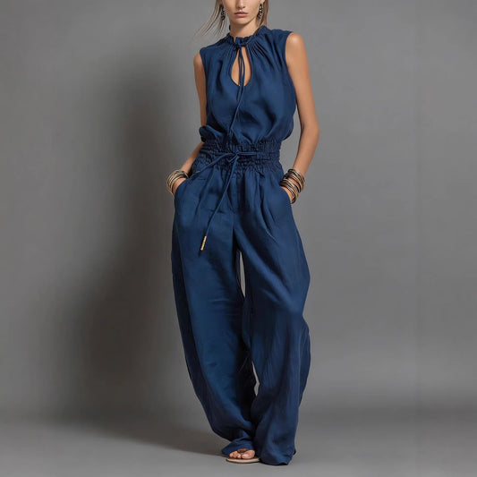 Women's Wide-Leg Jumpsuit – Sleeveless Drawstring Waist