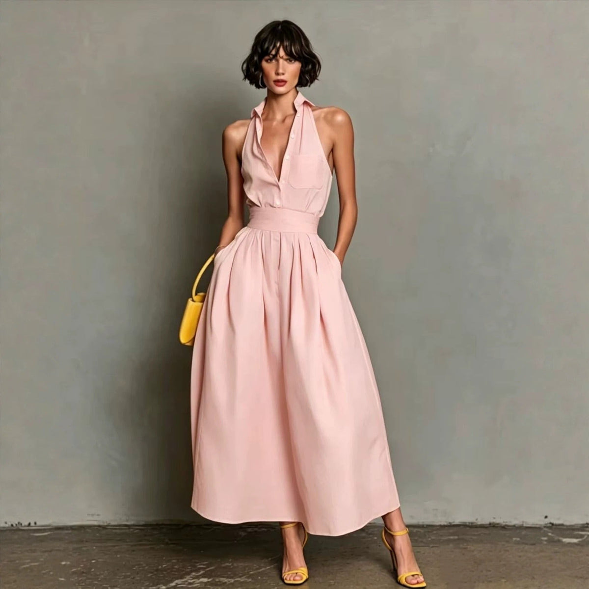Women's Sleeveless Shirt Dress – Pleated Maxi Skirt