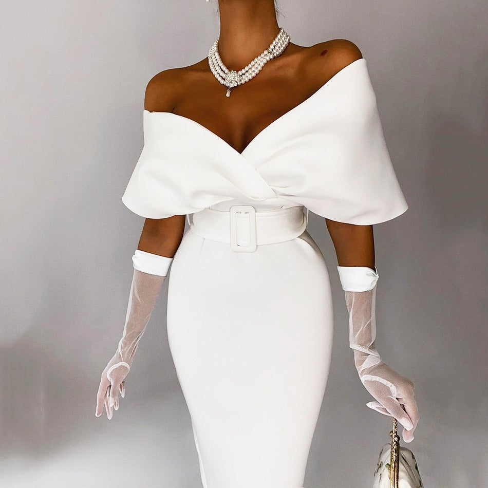 Women's Off-Shoulder Midi Dress – Belted Bodycon Fit