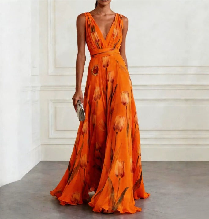 Women's Chiffon Maxi Dress – Sleeveless Tulip Print