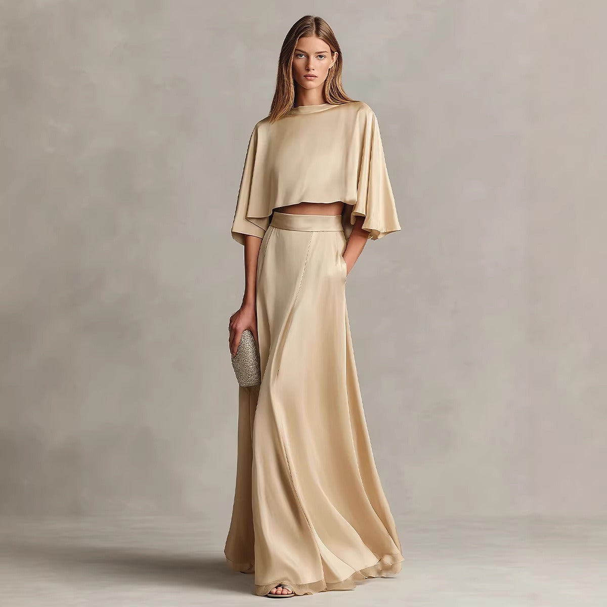 Women's Satin Two-Piece Set – Top and Maxi Skirt