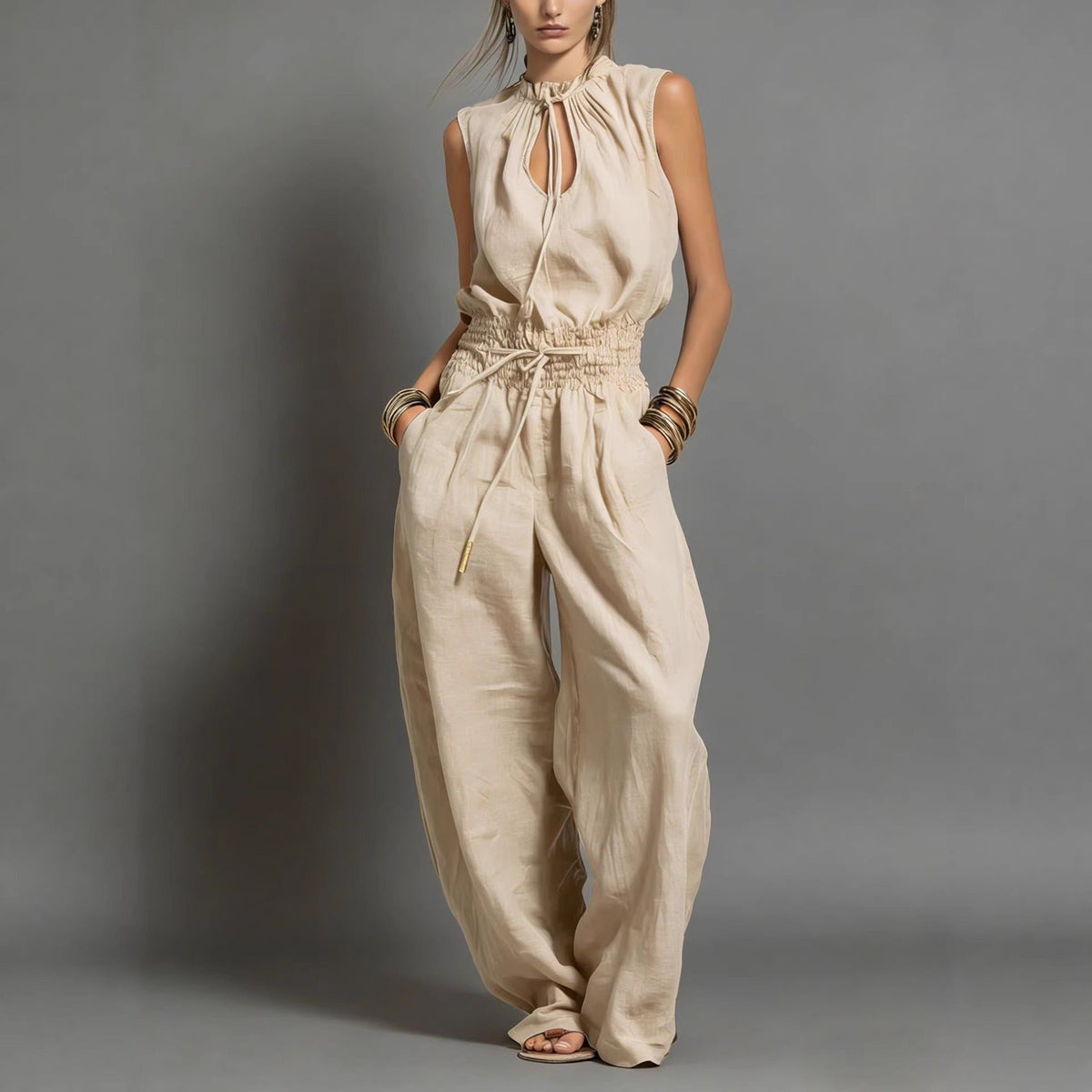 Women's Wide-Leg Jumpsuit – Sleeveless Drawstring Waist