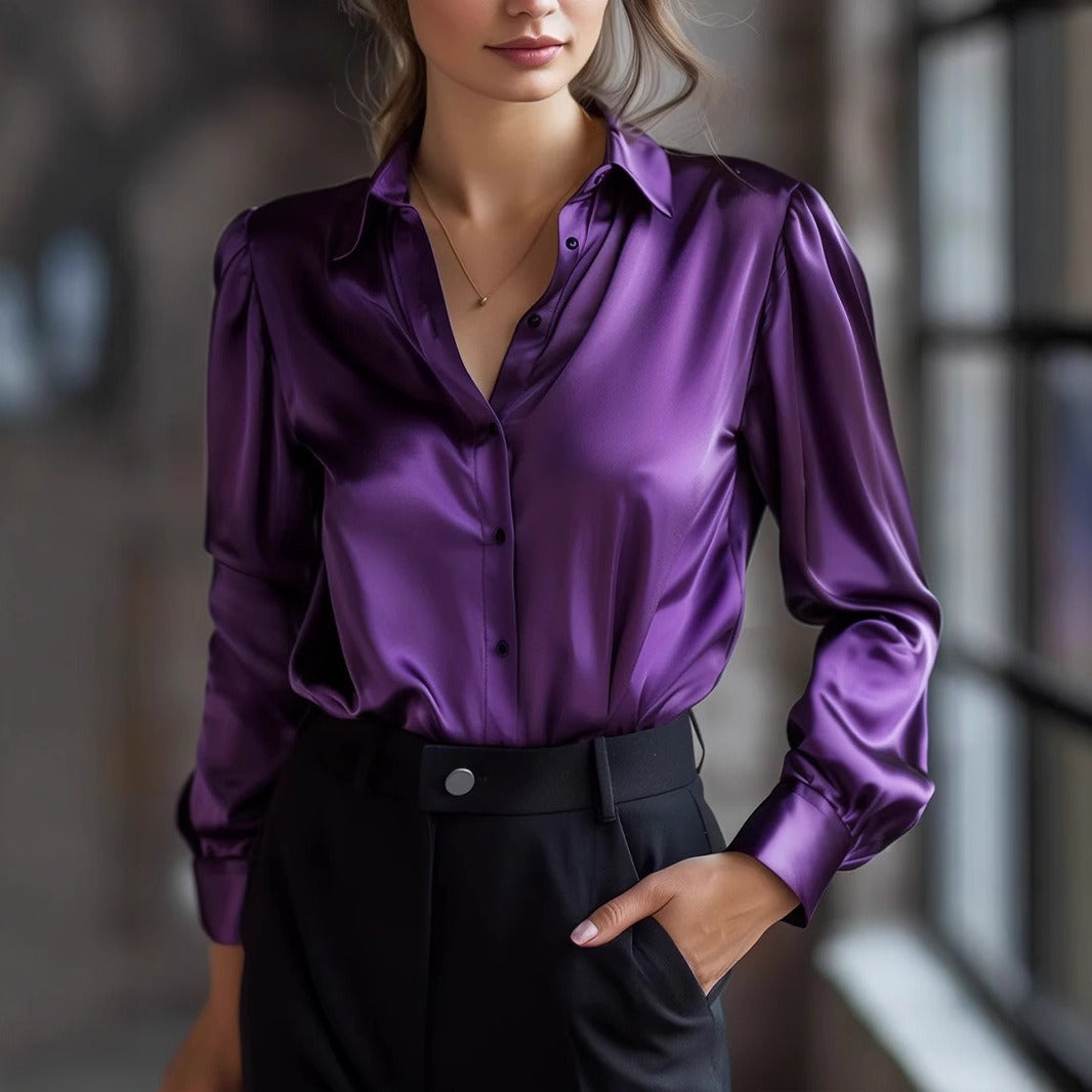Women's Satin Button-Up Blouse – Relaxed Long Sleeve