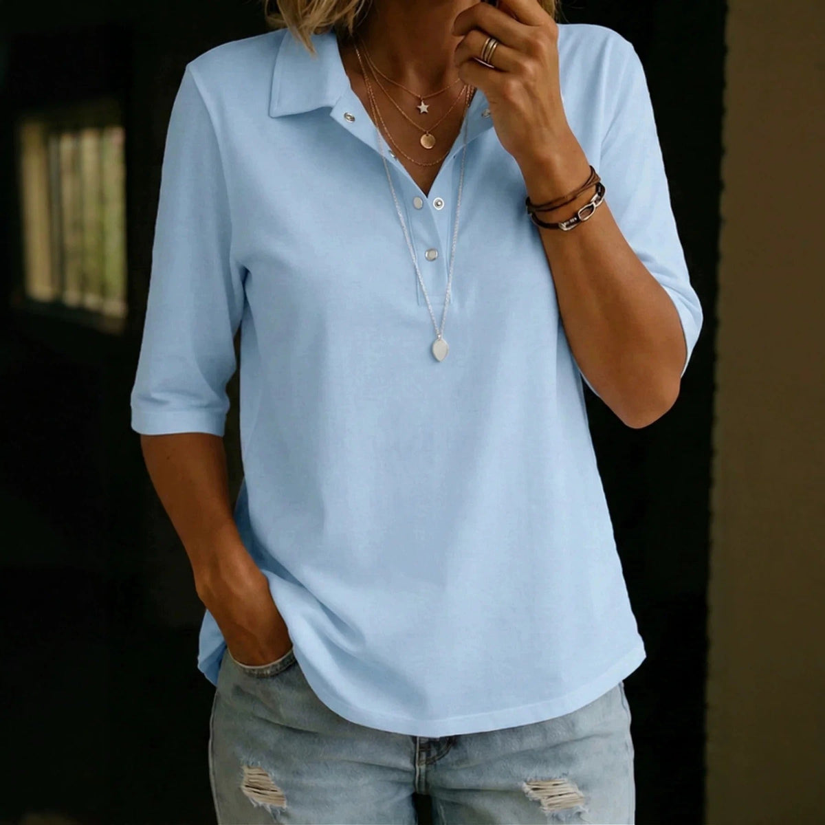 Women's Lapel Collar Blouse – Relaxed Three-Quarter Sleeve