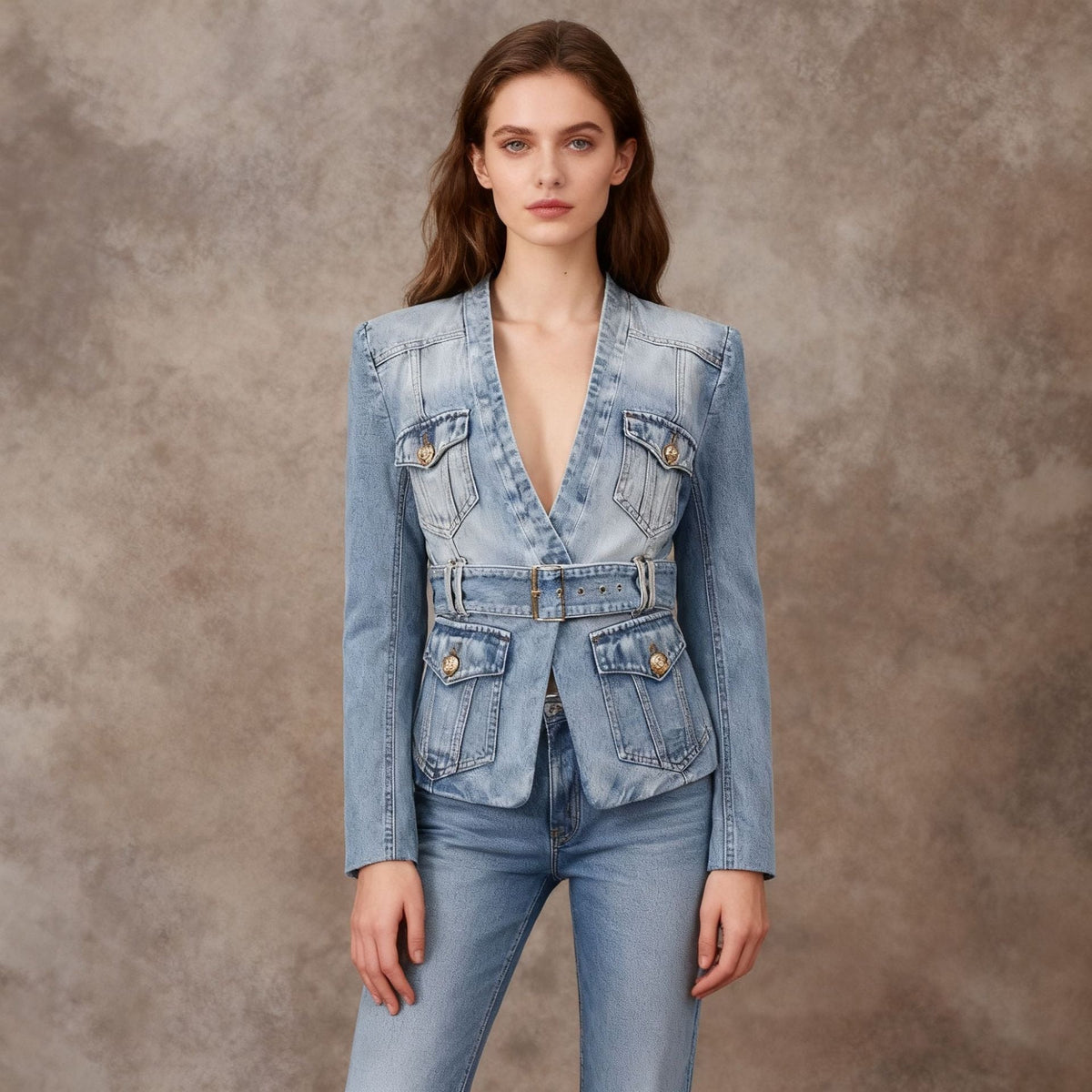 Women's Belted Cotton-Blend Blazer – Washed Structured Fit
