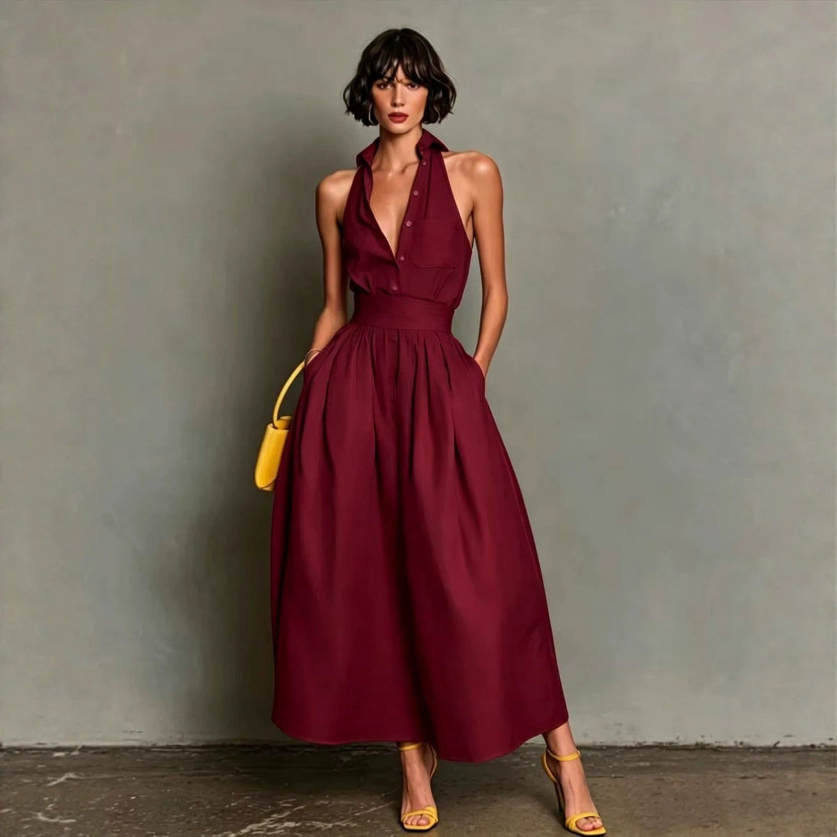 Women's Sleeveless Shirt Dress – Pleated Maxi Skirt