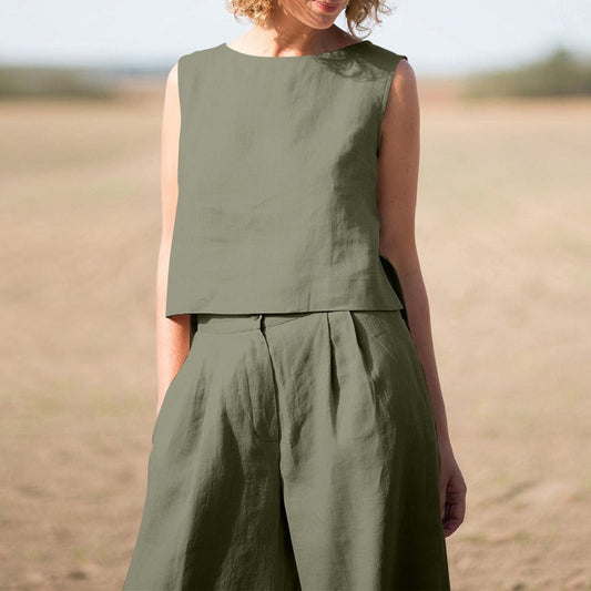 Women's Linen-Cotton Two-Piece Set – Wide-Leg Pants & Tank