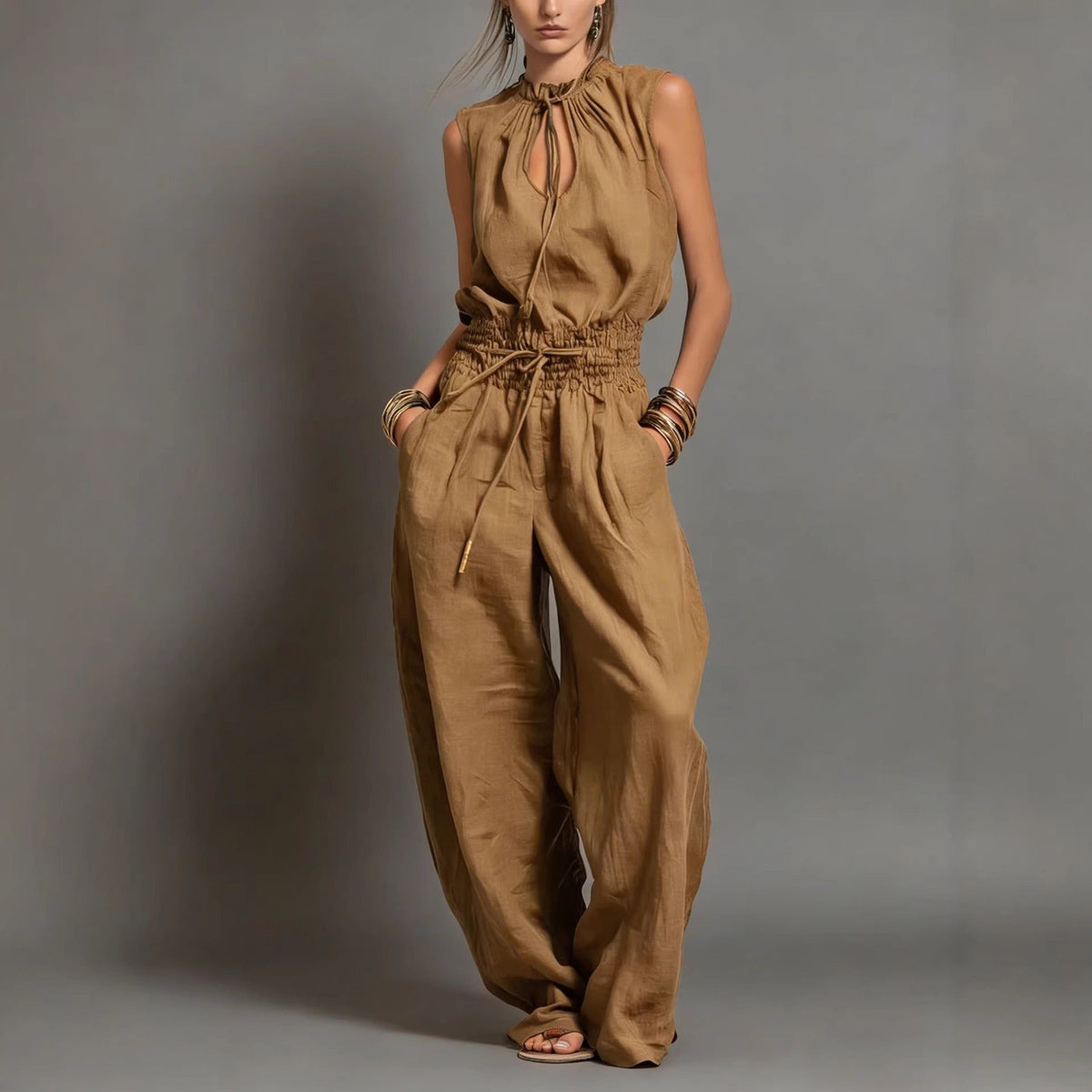 Women's Wide-Leg Jumpsuit – Sleeveless Drawstring Waist