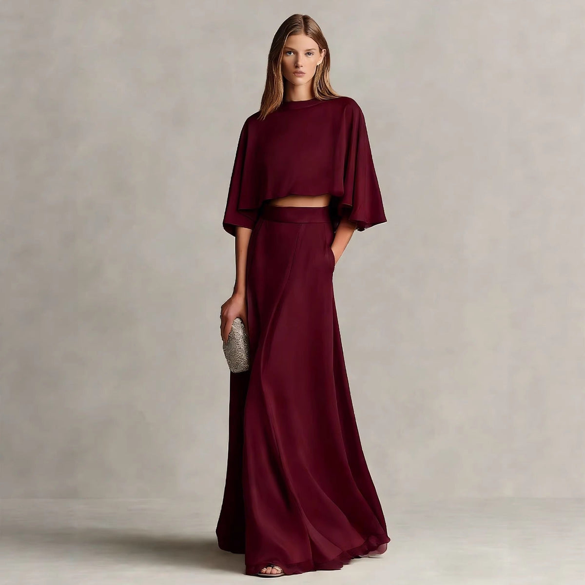 Women's Satin Two-Piece Set – Top and Maxi Skirt