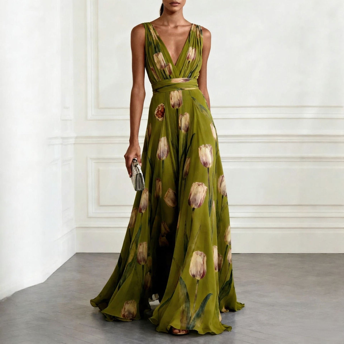 Women's Chiffon Maxi Dress – Sleeveless Tulip Print