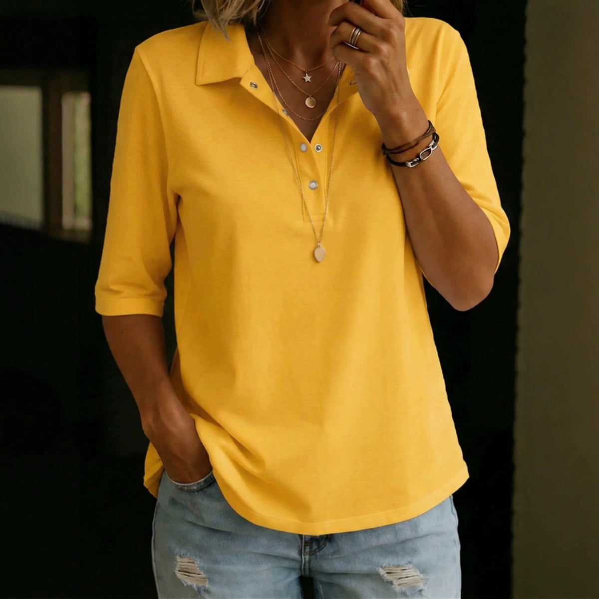 Women's Lapel Collar Blouse – Relaxed Three-Quarter Sleeve