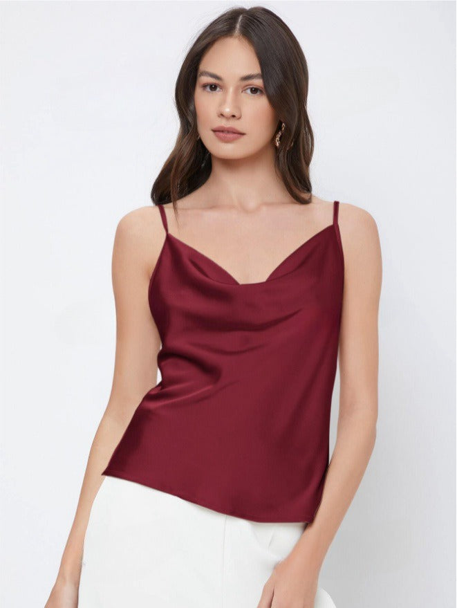 Women's Satin Cowl Neck Cami – Relaxed Draped Fit
