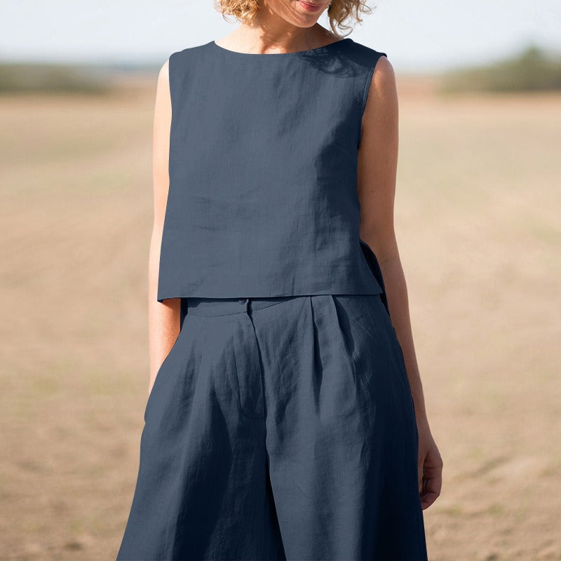 Women's Linen-Cotton Two-Piece Set – Wide-Leg Pants & Tank