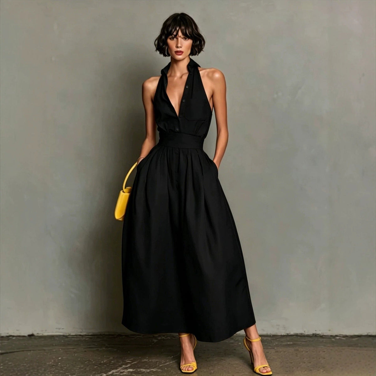 Women's Sleeveless Shirt Dress – Pleated Maxi Skirt