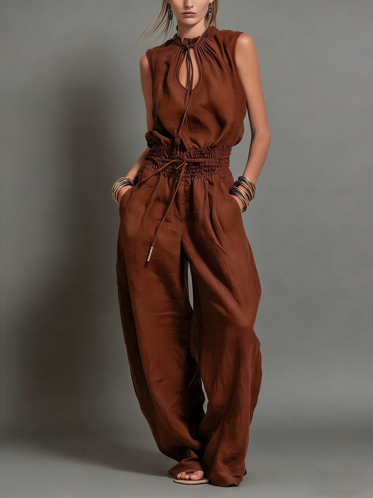 Women's Wide-Leg Jumpsuit – Sleeveless Drawstring Waist