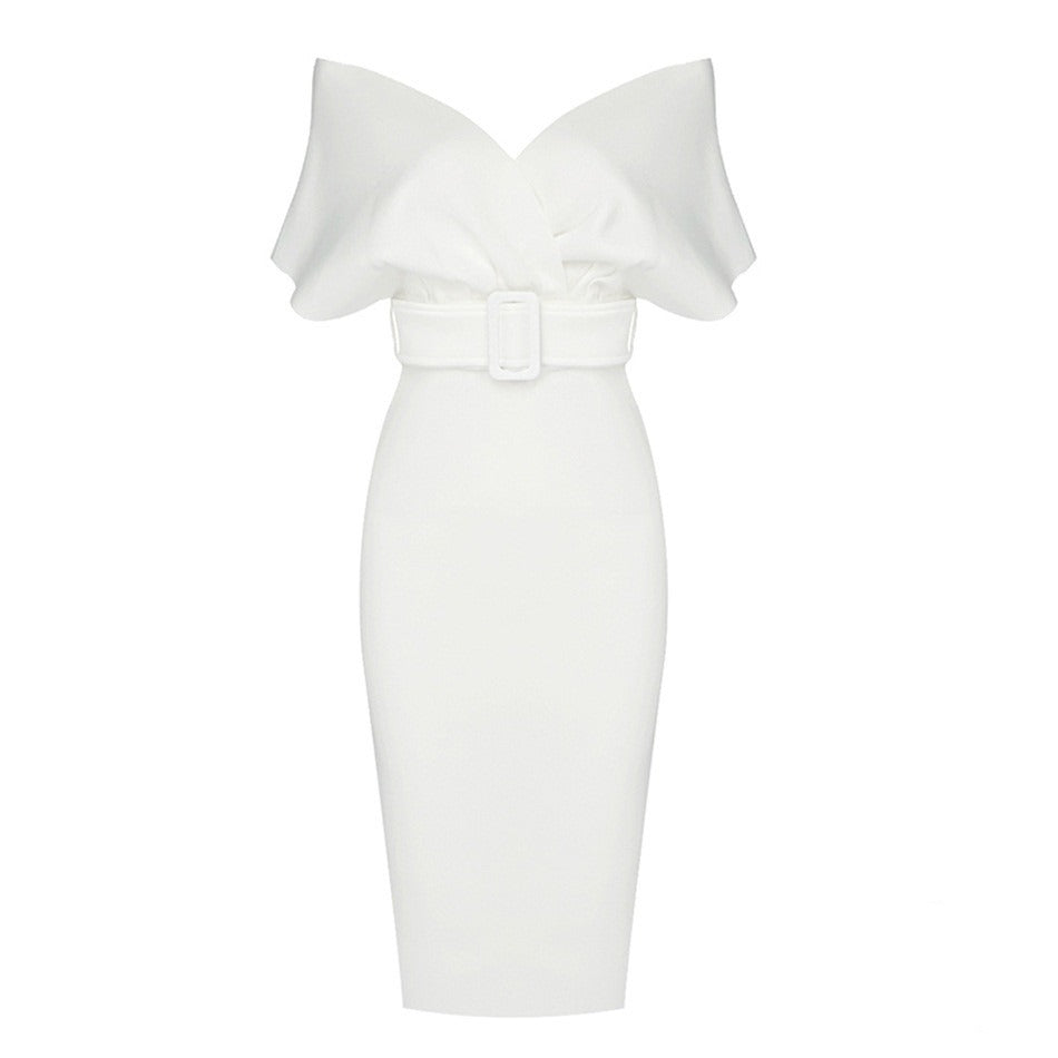 Women's Off-Shoulder Midi Dress – Belted Bodycon Fit