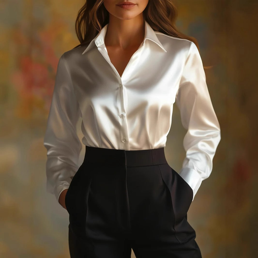 Women's Satin Button-Up Blouse – Relaxed Long Sleeve