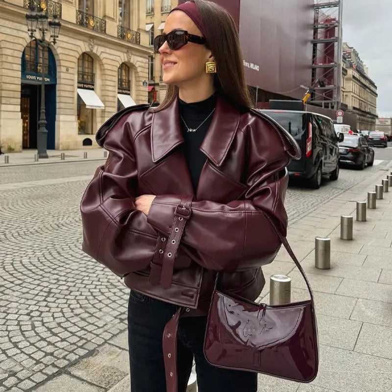 Women's Cropped Vegan Leather Jacket – Slim Lapel Collar