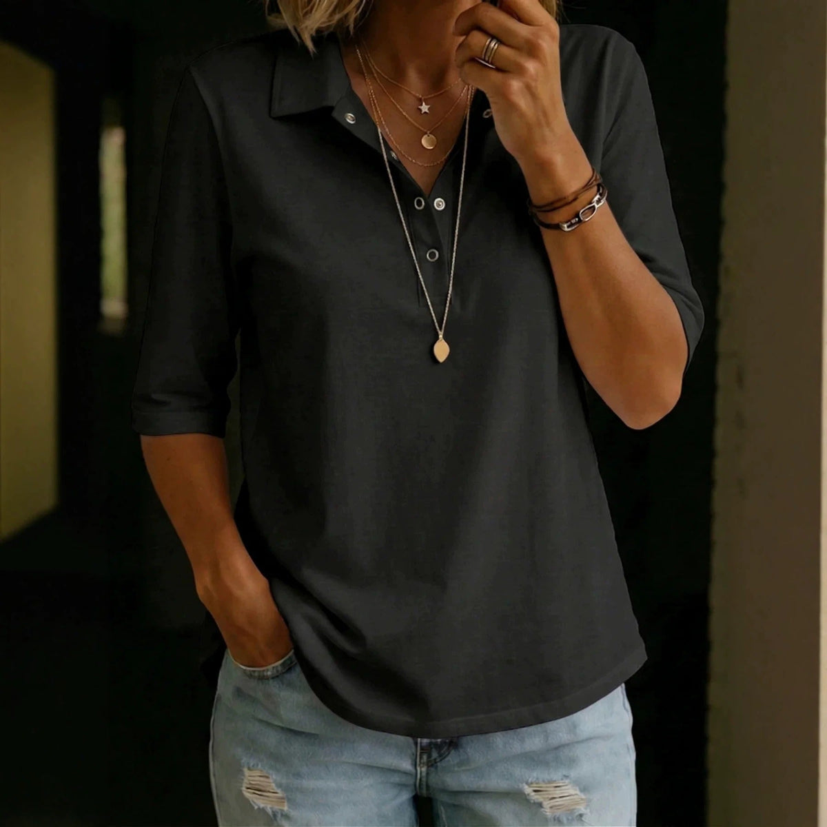 Women's Lapel Collar Blouse – Relaxed Three-Quarter Sleeve