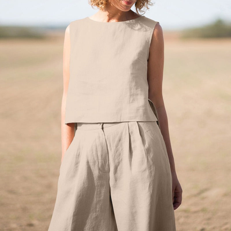 Women's Linen-Cotton Two-Piece Set – Wide-Leg Pants & Tank