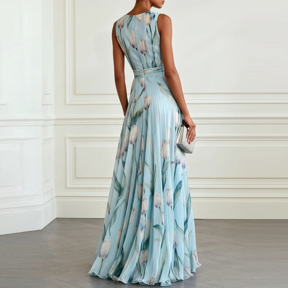 Women's Chiffon Maxi Dress – Sleeveless Tulip Print