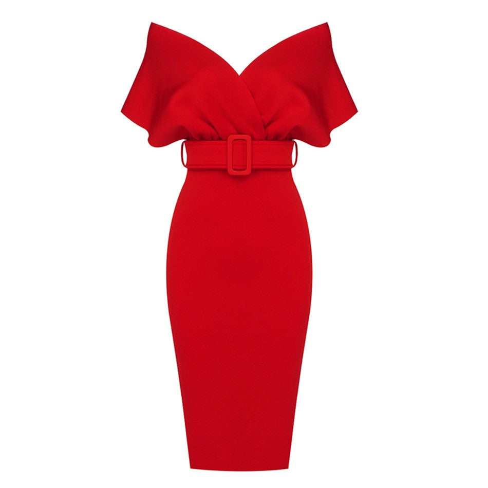 Women's Off-Shoulder Midi Dress – Belted Bodycon Fit