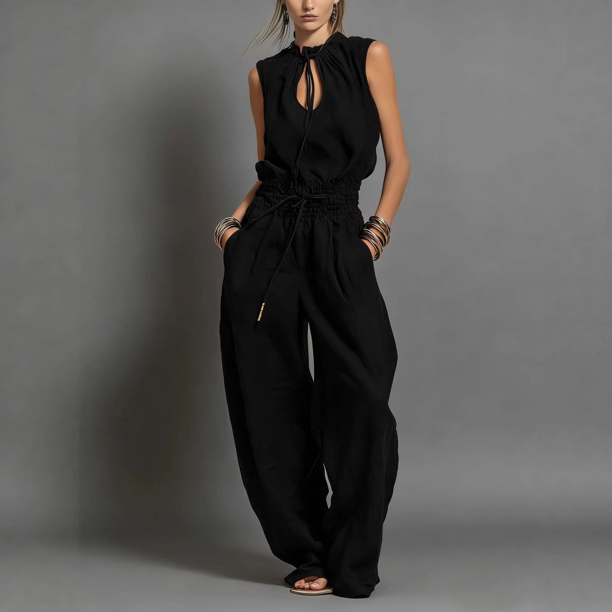 Women's Wide-Leg Jumpsuit – Sleeveless Drawstring Waist