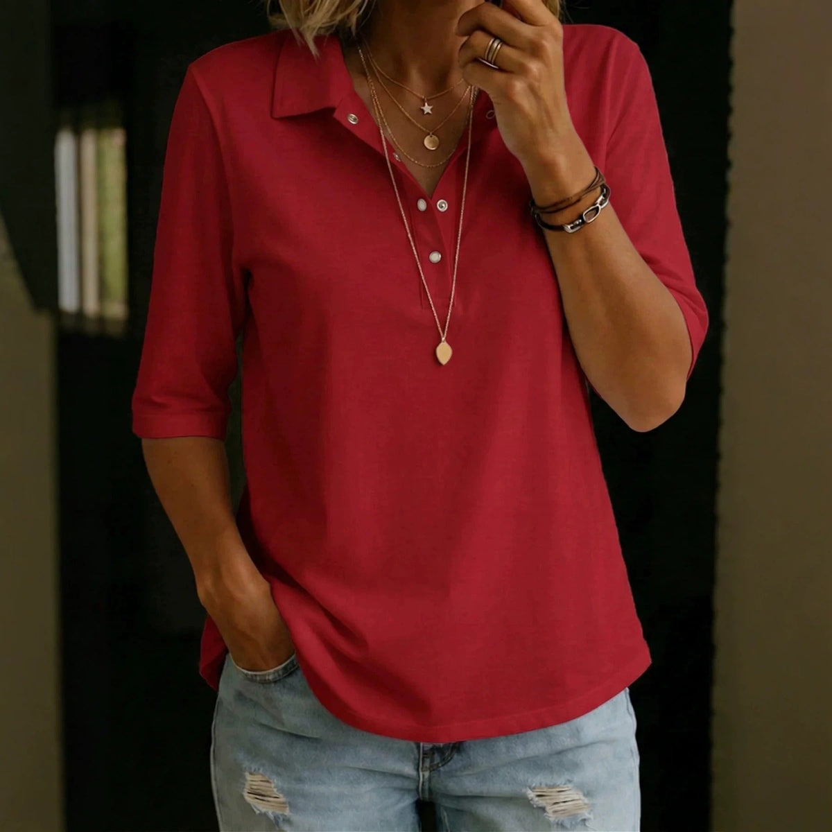 Women's Lapel Collar Blouse – Relaxed Three-Quarter Sleeve