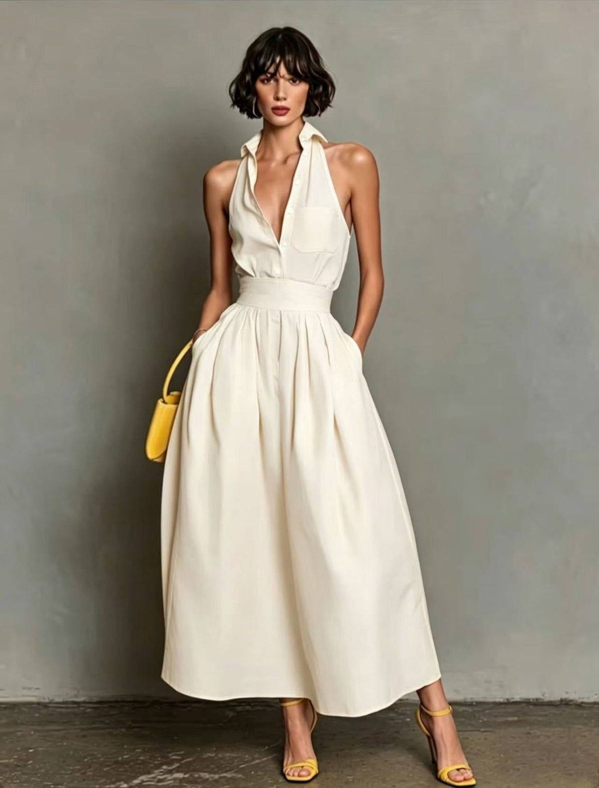 Women's Sleeveless Shirt Dress – Pleated Maxi Skirt