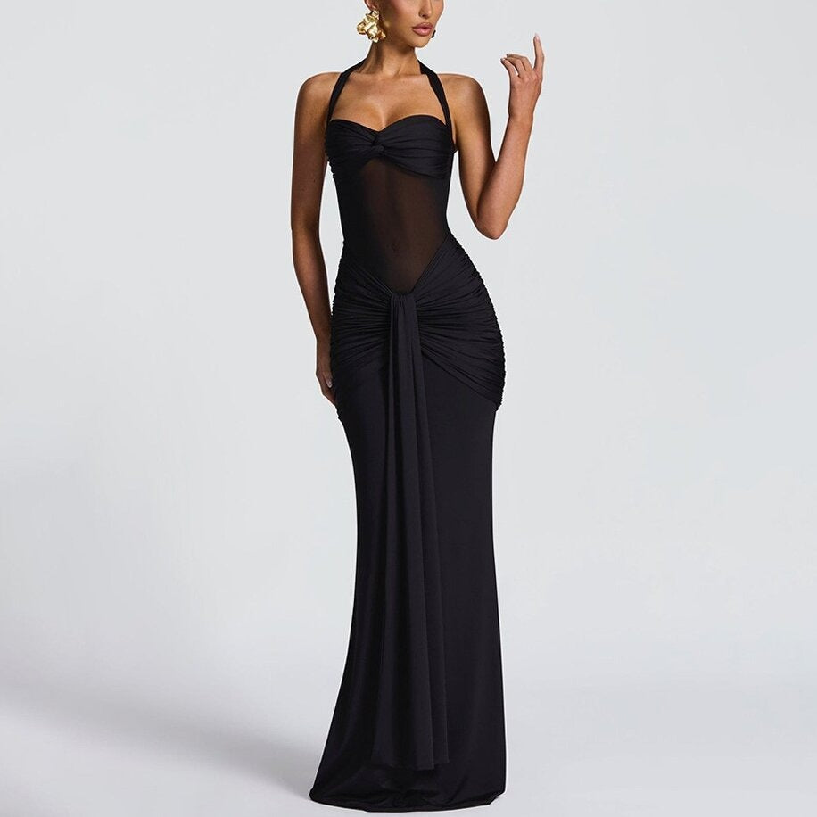 Women's Ruched Maxi Dress – Sheer Panel Detail