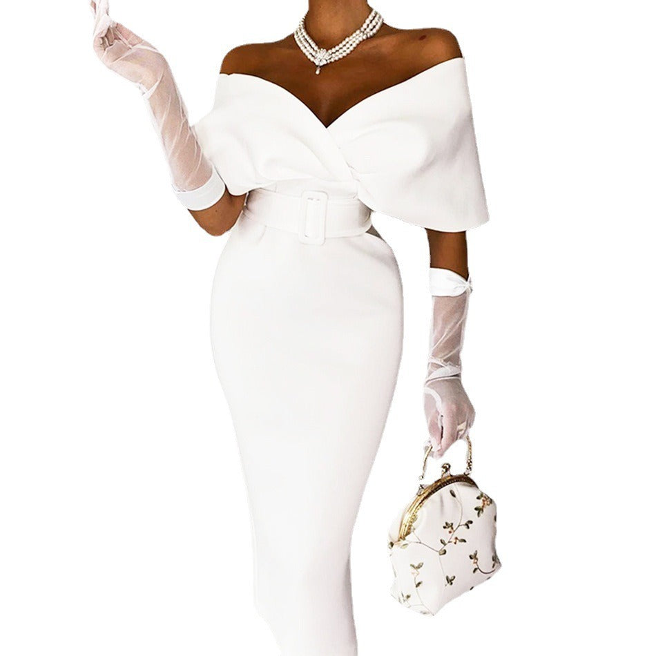 Women's Off-Shoulder Midi Dress – Belted Bodycon Fit