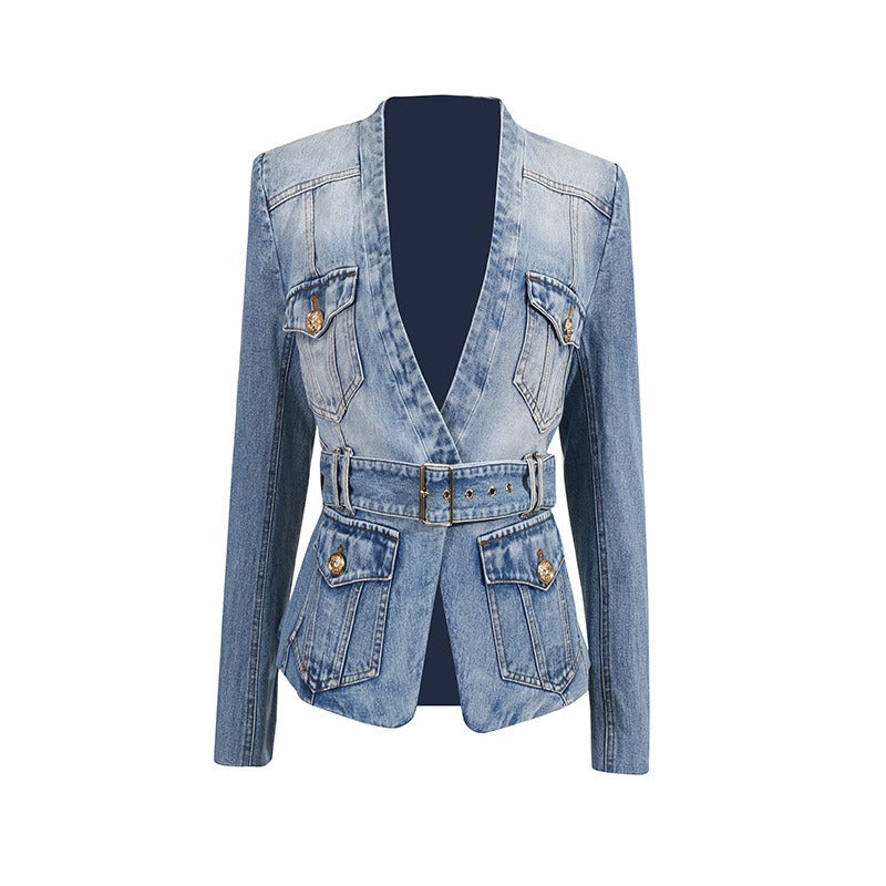Women's Belted Cotton-Blend Blazer – Washed Structured Fit