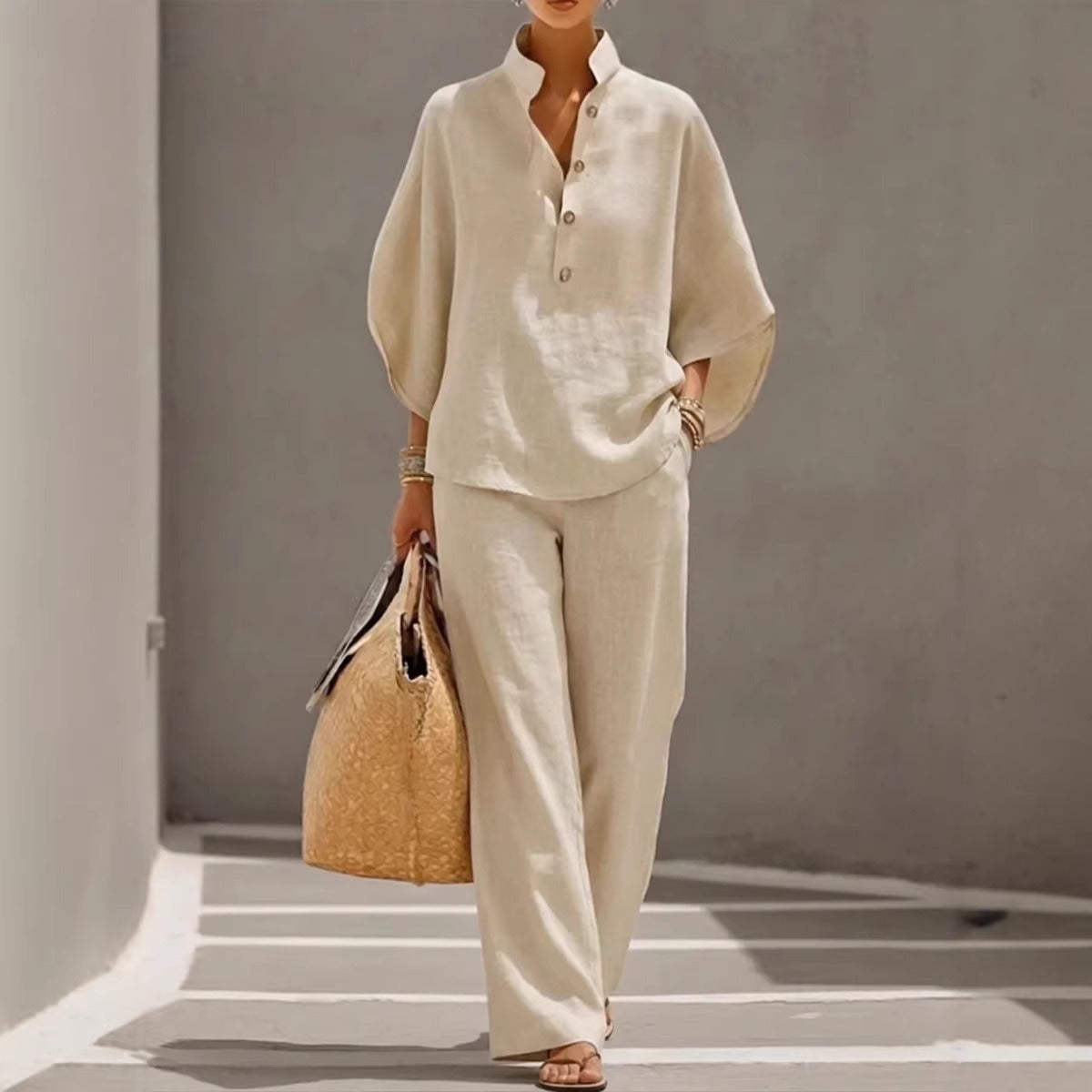 Women's Linen-Blend Co-ord Set – Oversized V-Neck Top