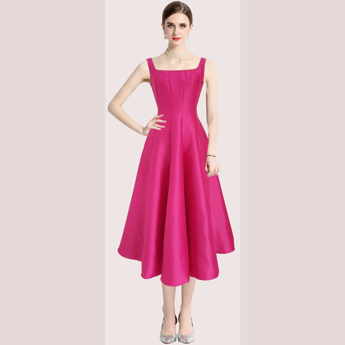 Women's Strappy Midi Dress – Vintage Fitted Silhouette