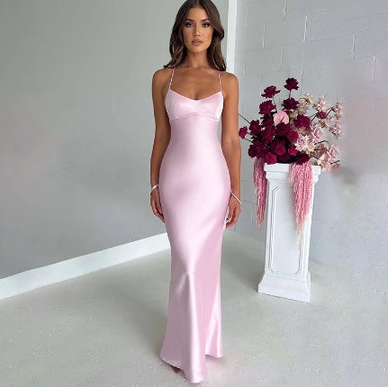 Women's Satin Maxi Dress – Open Lace-Up Back