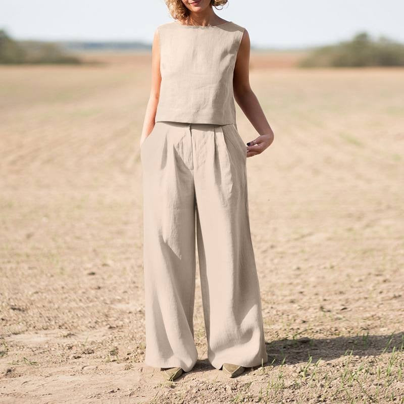 Women's Linen-Cotton Two-Piece Set – Wide-Leg Pants & Tank