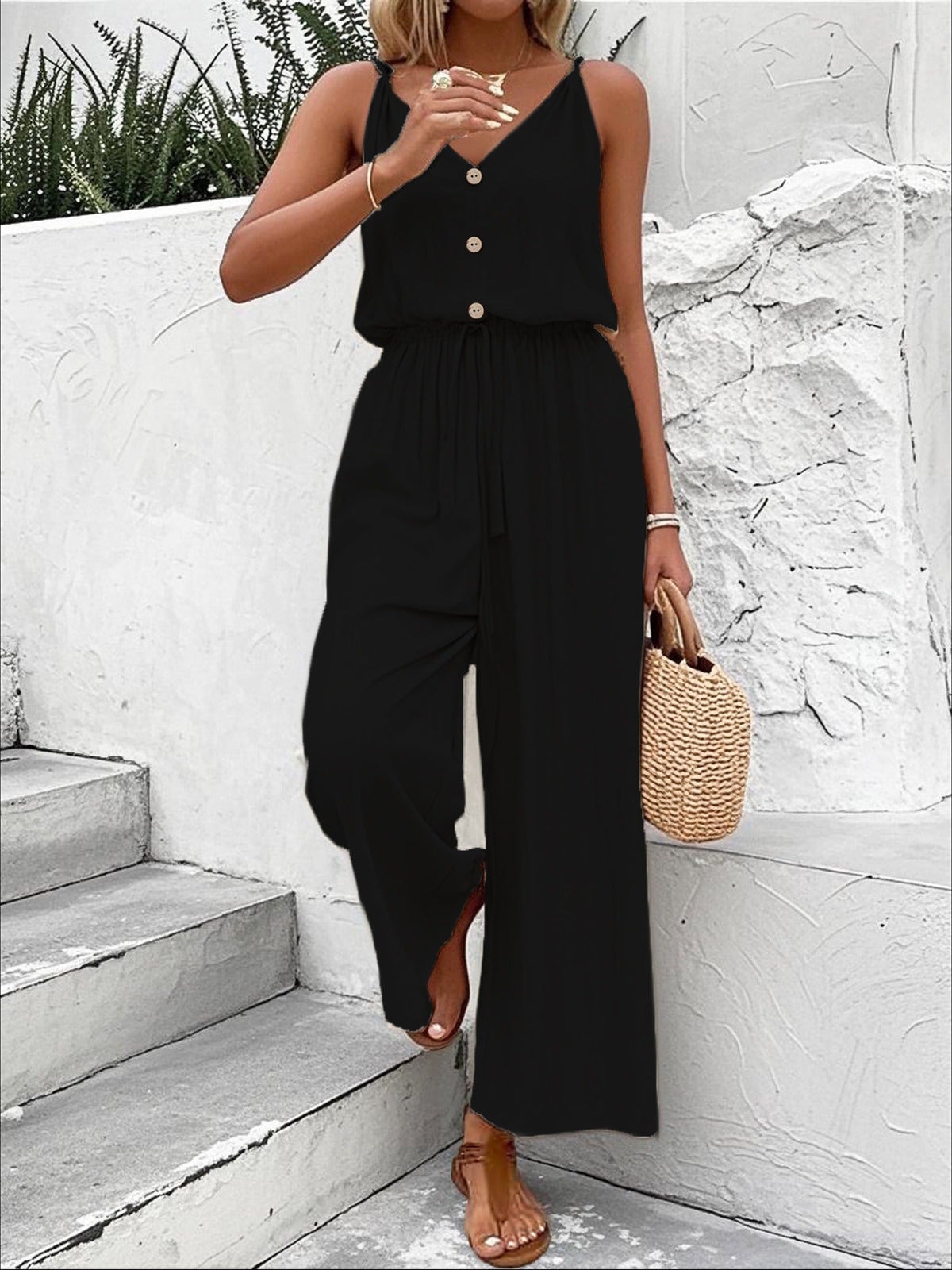 Women's Wide-Leg Jumpsuit – Sleeveless V-Neck Tie Waist