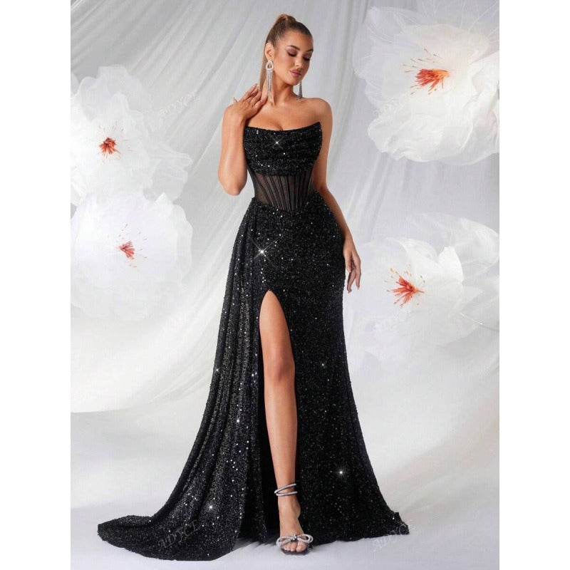 Women's Embellished Maxi Dress – Sheer Structured Bodice