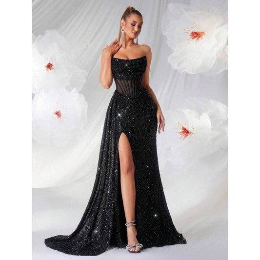 Women's Embellished Maxi Dress – Sheer Structured Bodice