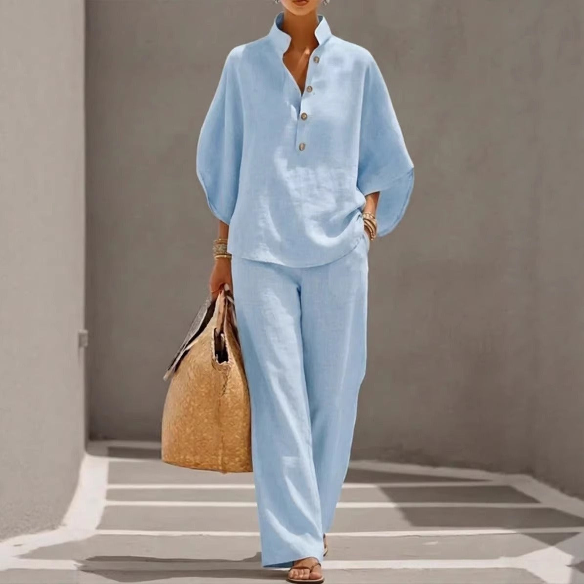 Women's Linen-Blend Co-ord Set – Oversized V-Neck Top