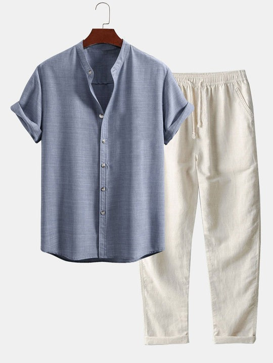 Men's Linen Two-Piece Set – Short Sleeve Drawstring