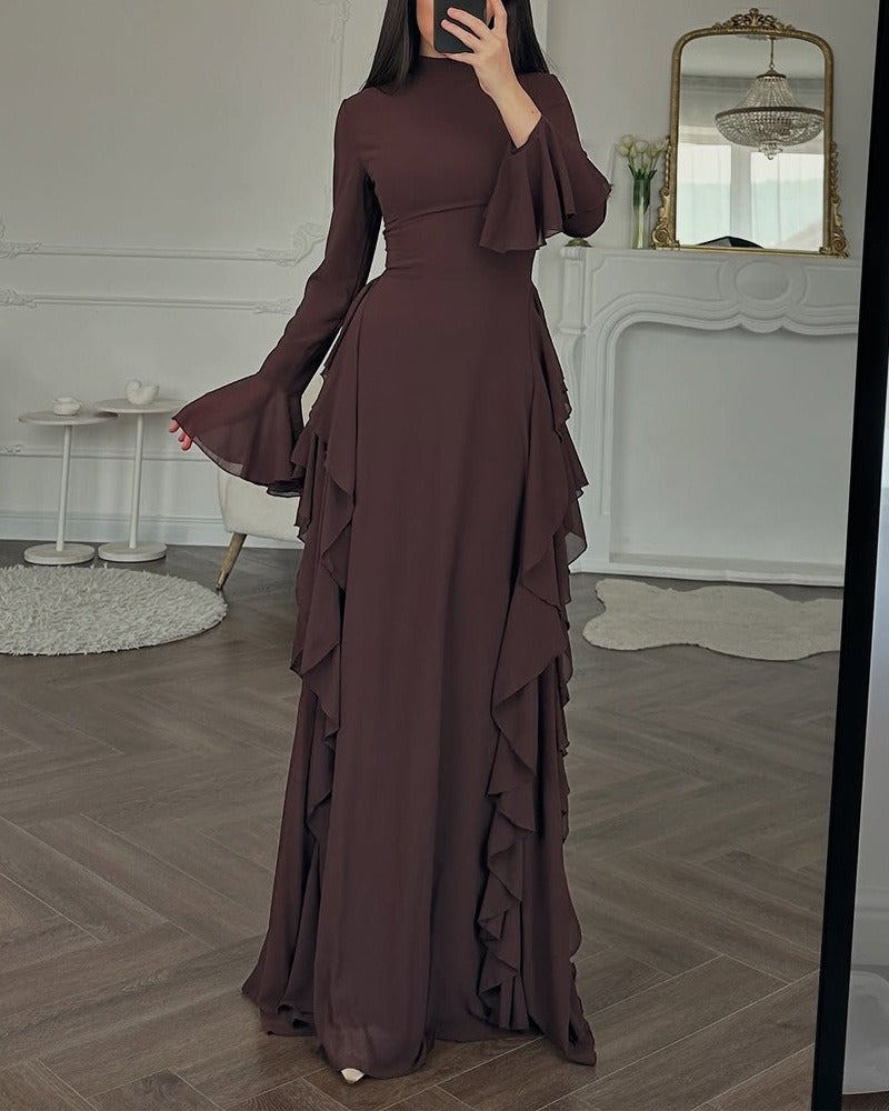 Women's Ruffled Maxi Dress – Flared Sleeve Floor Length