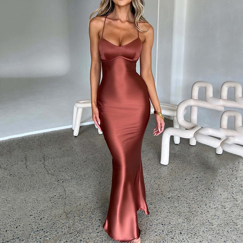 Women's Satin Maxi Dress – Open Lace-Up Back