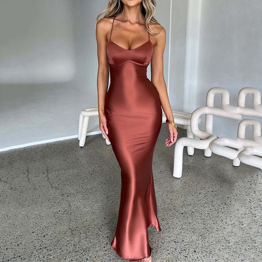 Women's Satin Maxi Dress – Open Lace-Up Back